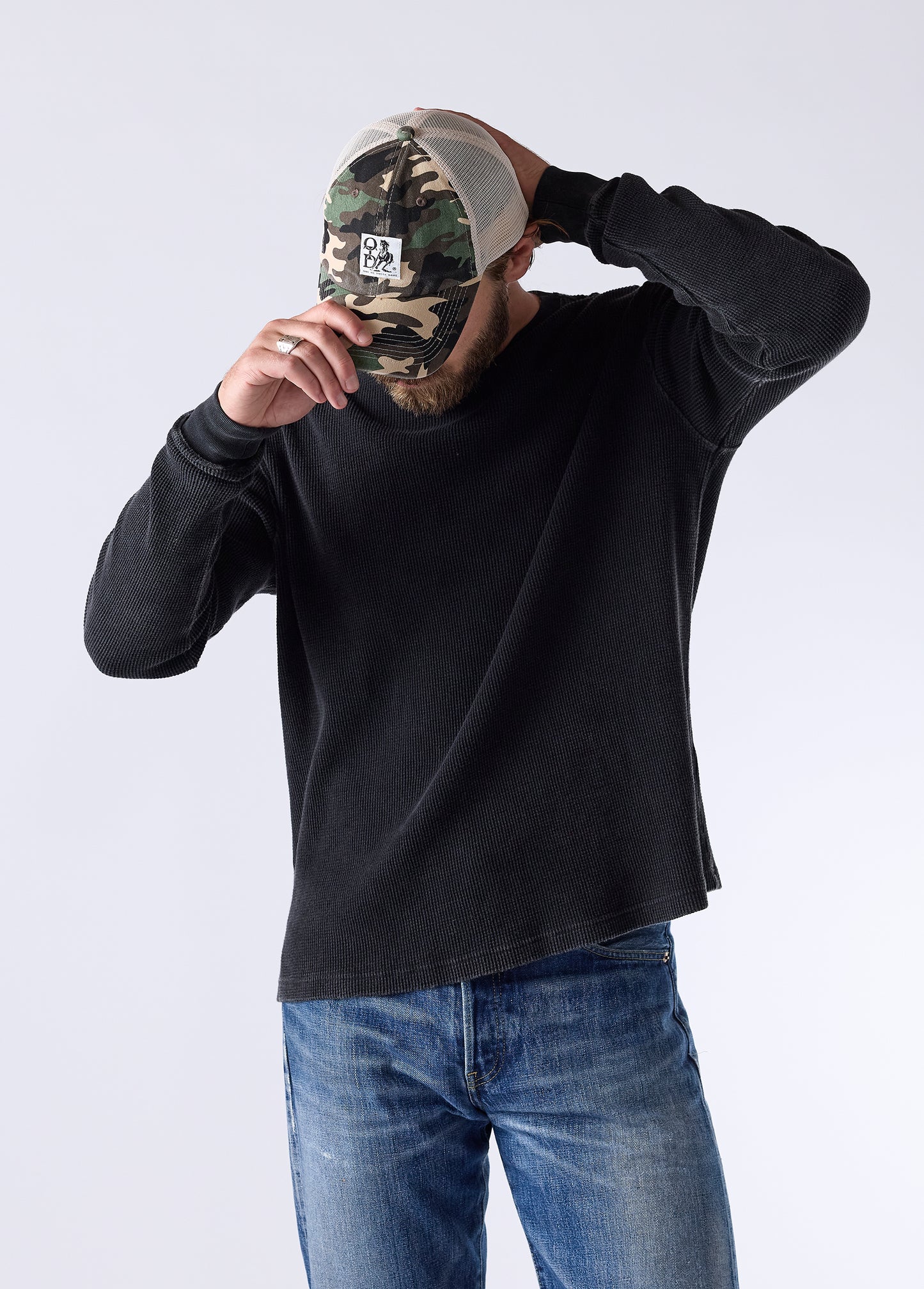 Woven Label Trucker Hat | Desert Camo