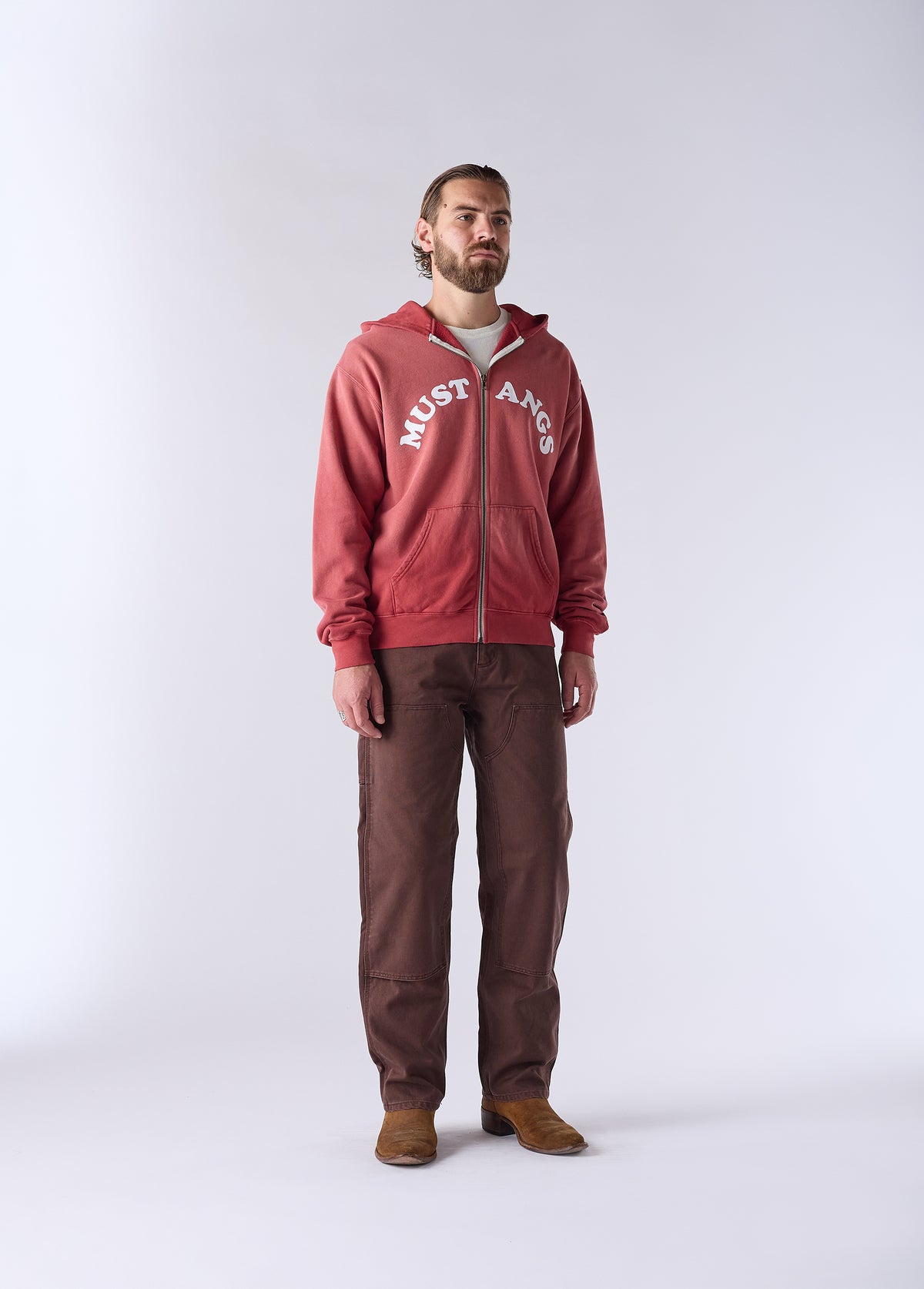 Good Luck Mustangs Zip Up Hooded Sweatshirt | Sun Faded Red