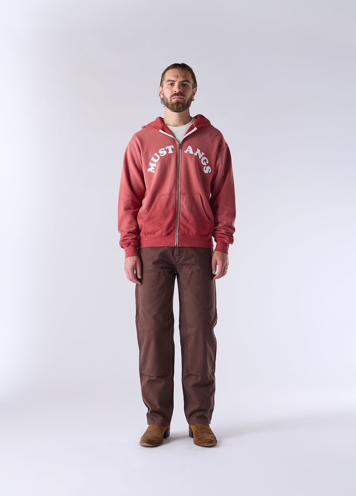 Good Luck Mustangs Zip Up Hooded Sweatshirt | Sun Faded Red