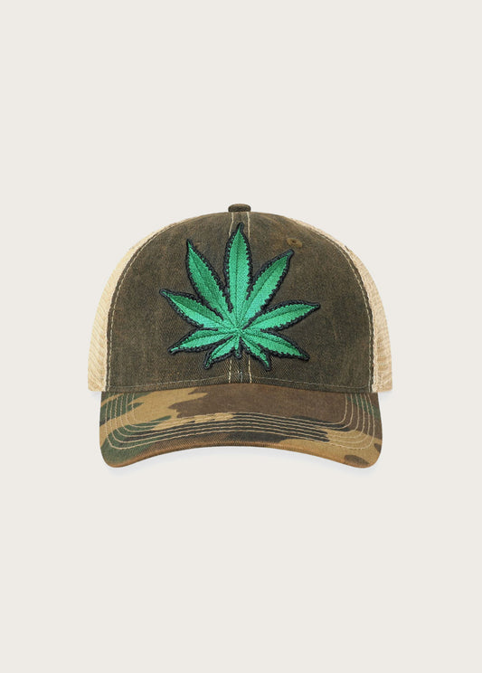 Weed Patch Trucker Hat | Washed Woodland Camo