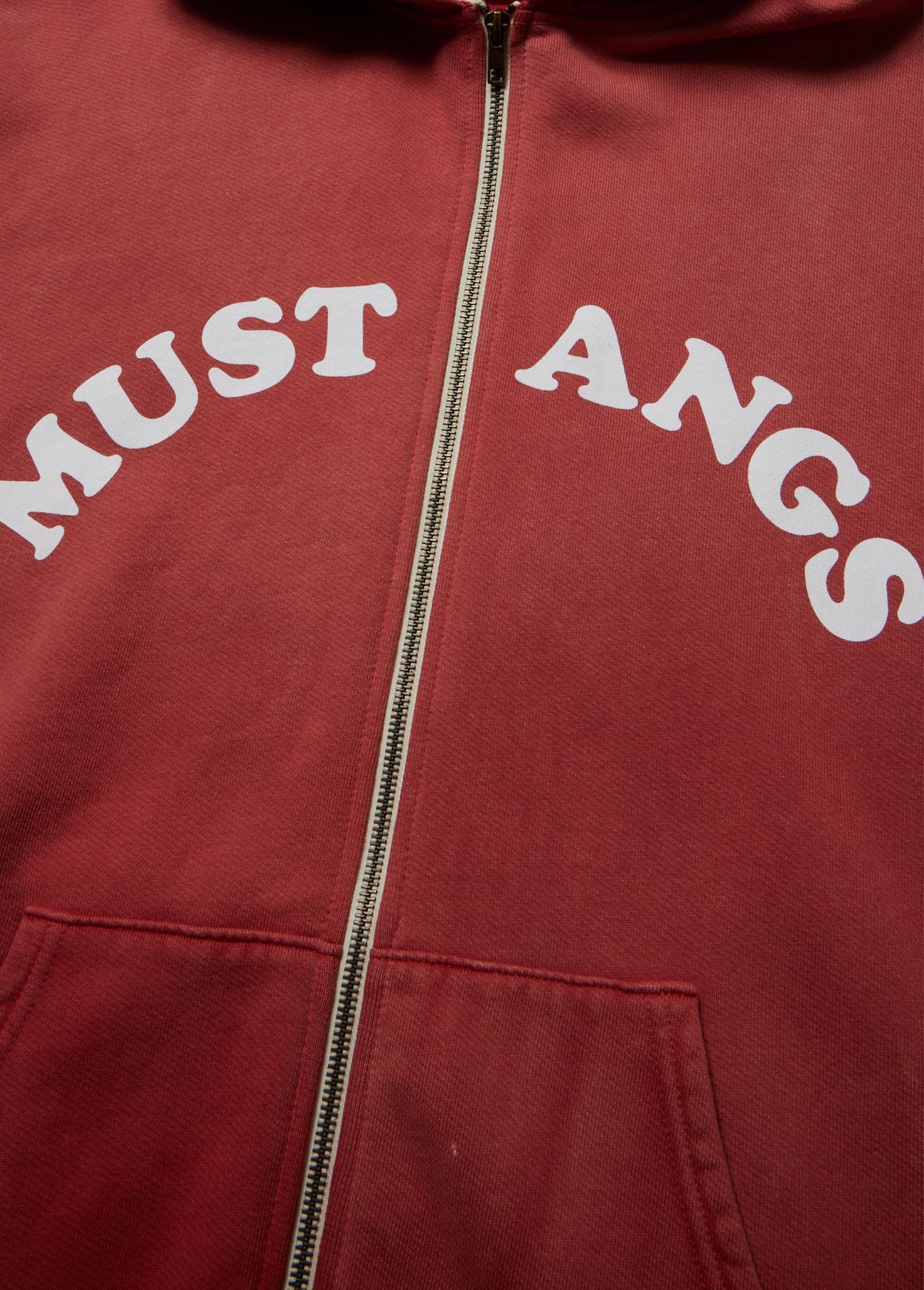 Good Luck Mustangs Zip Up Hooded Sweatshirt | Sun Faded Red