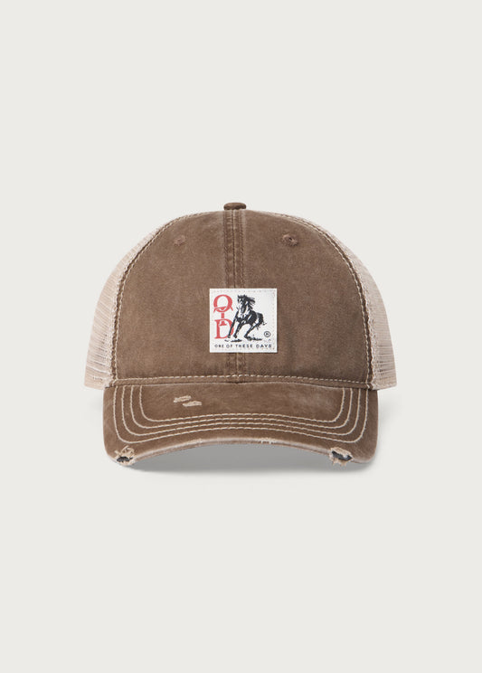 OTD Woven Horse Distressed Trucker Hat | Brown