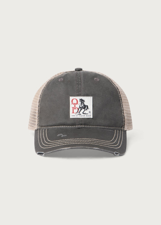 OTD Woven Horse Distressed Trucker Hat | Charcoal