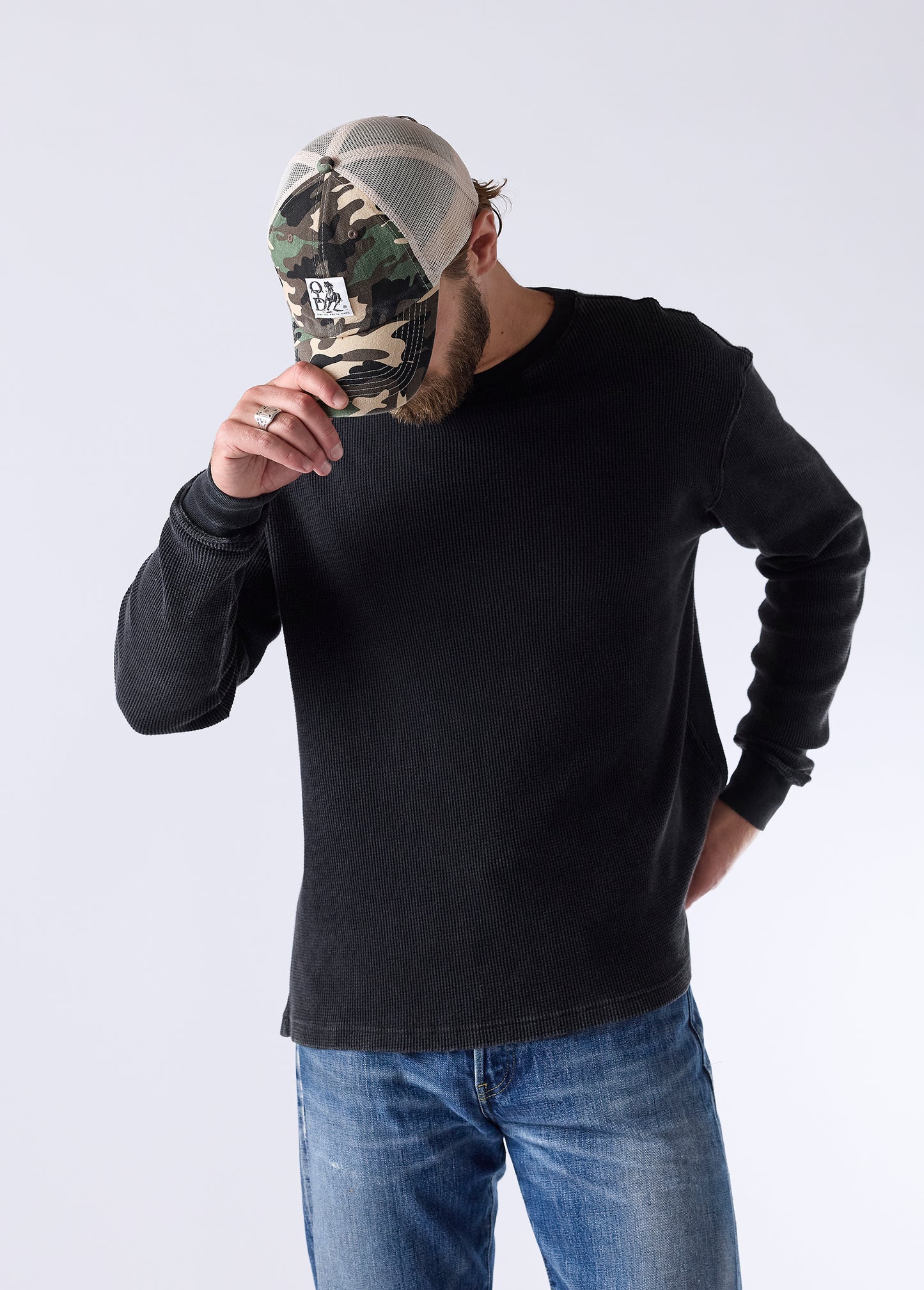 Woven Label Trucker Hat | Desert Camo