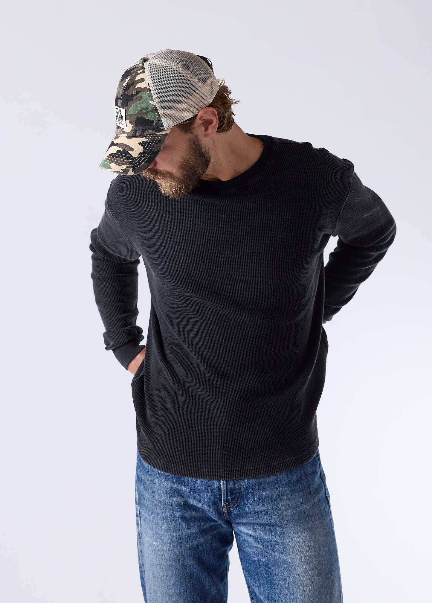 Woven Label Trucker Hat | Desert Camo