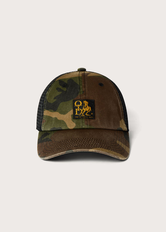 Woven Label Trucker Hat | Woodland Camo