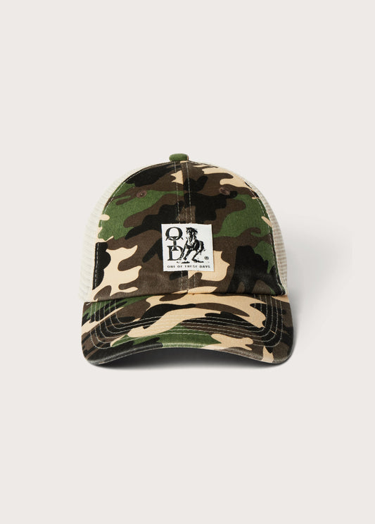 Woven Label Trucker Hat | Desert Camo