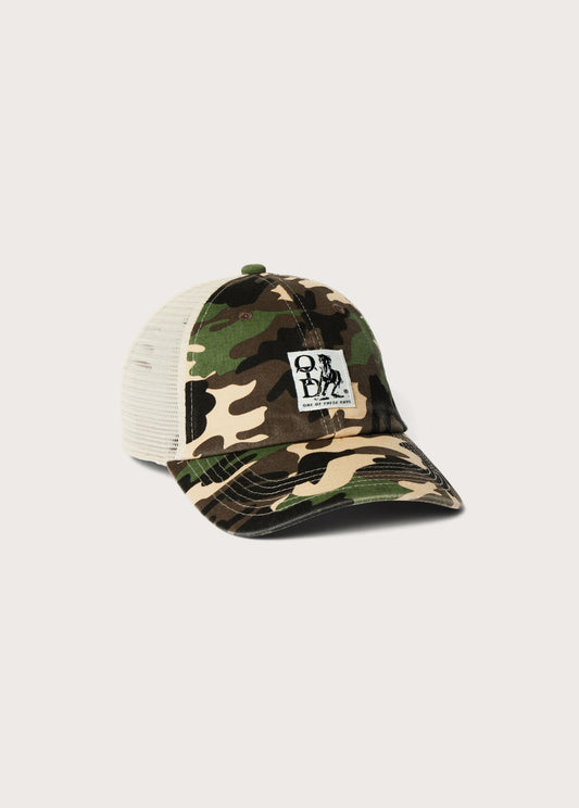 Woven Label Trucker Hat | Desert Camo