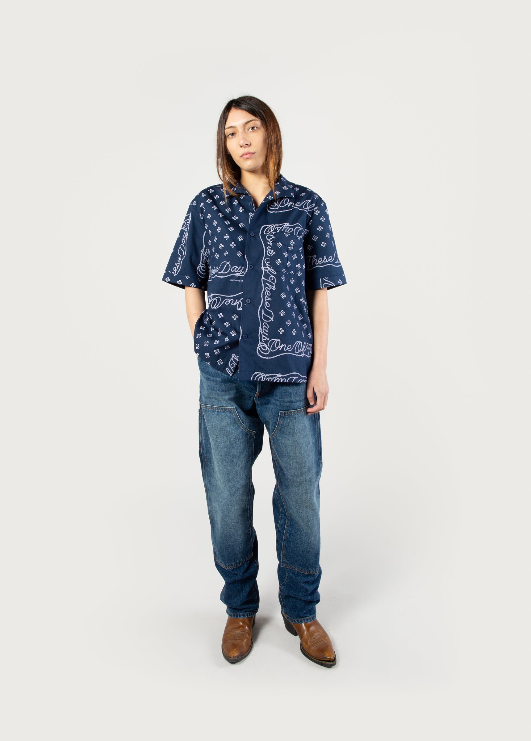 blue bandana dress shirt Bandana linen and cotton bowling shirt in blue - Amiri